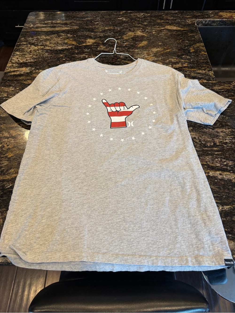 Hurley Men's Grey Graphic Tee with Red & White Shaka Logo L
